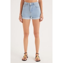 Tudors Kadın Slim Fit Dar Kesim %100 Pamuk Paça Katlamalı Koyu Mavi Jean Kot Şort-36863 Koyu Mavi