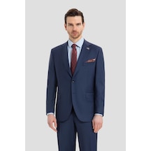 Sabri Özel Erkek Açık Lacivert Dar Kesim Slim Fit Yünlü Çizgili Fleto Kapaklı Cep Çift Yırtmaçlı Tam Astarlı Mono Yaka 4 Drop Takım Elbise