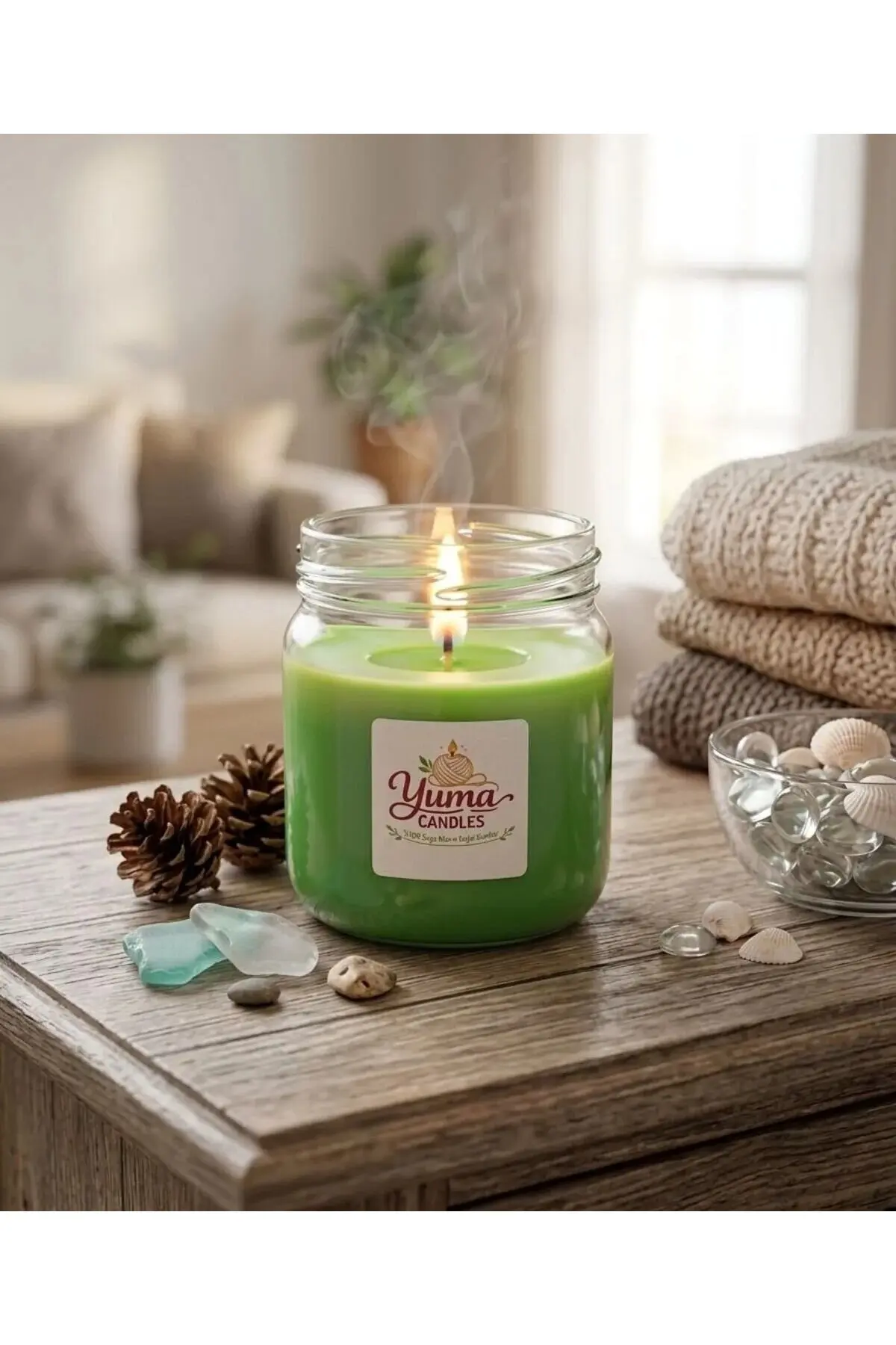 Çam Ve Okyanus Kokulu Doğal %100 Soya Wax 200cc Kapaklı Cam Kavanoz Mum Yeşil