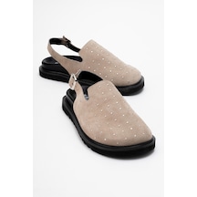 Luvishoes Luvi Shoes Our Bej Hakiki Deri Süet Zımbalı Burnu Kapalı Kadın Sandalet Süet Bej