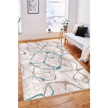 Turkuaz Geometrik Kaymaz Tabanlı Dekoratif Halı Lk008n11