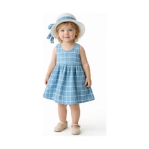 Chicsy Baby Tatlı Kız Bebek Ekose Tarz Elbise Şapkalı Fiyonk Detaylı Yazlık 2 Li Kombin Mavi