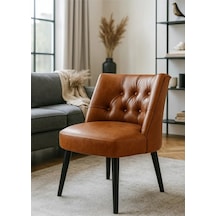 Waterybrook Berjer Sandalye - Kapitoneli Suni Deri - Siyah Ahşap Ayaklı - Retro Modern Tasarım Taba Kahverengi
