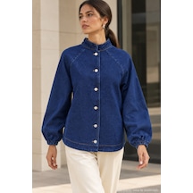 Polo State Kadın Hakim Yaka Raglan Kollu Düğmeli Denim Ceket - Lacivert