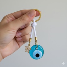 Cam Nazar Boncuklu Lotus Çiçekli Beyaz İpli Anahtarlık Çok Renkli Cam Nazar Boncuklu Lotus Çiçekli Beyaz İpli Anahtarlık Çok Renkli