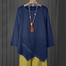 Mavi Su Kadın O Boyun Uzun Kollu Gömlek Casual Düzensiz Hem Bluz Gevşek Çalışma Tunik Üstleri