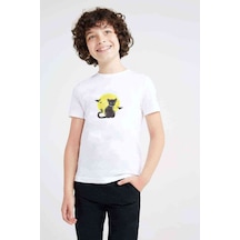 Tshirthane Cat On The Moon Baskılı Unisex Çocuk Beyaz T-Shirt