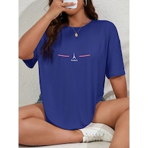 Uyguntarz Unisex Paris Baskılı Oversize Tshirt Mavi