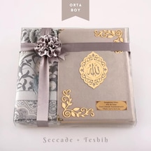 Seccade + Tesbih + Kuran Hediye Seti Orta Boy, Kadife, Gri, Lafzatullah