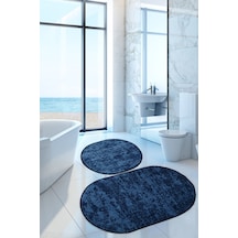 Nova Lacivert Oval 60x100 + 50x60 Cm 2'li Banyo Paspası Seti Çok Renkli