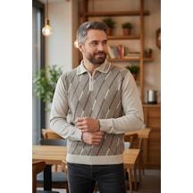 Kamalı Erkek Krem Tüylenme Yapmayan Anti Pilling Kumaş Standart Fit Normal Kesim Polo Yaka Triko Kazak Taş