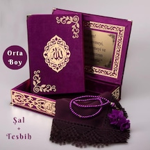 Şal + Tesbih + Kuran Hediye Seti Orta Boy, Şemslafzatullah, Gold Pleksi, Raşel Kutu, Mor