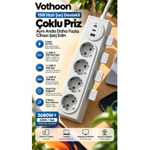 Vothoon 4'lü Akıllı Priz Tek Dokunuşla Fiş Çıkarma 2 Metre Kablo 2 Type-c + Usb 15w Hızlı Şarj 3680w Krem Standart