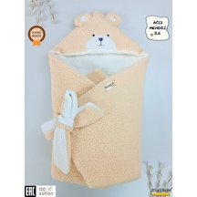 Kışlık Kalın Kız Erkek Bebek Battaniyesi & Dış Kundak Welsoft Peluş - Ayıcık Kulaklı Sütlü Kahve