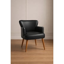 Waterybrook Tekli Berjer Koltuk - Suni Deri - Ceviz Ahşap Ayaklı - Modern Retro Tasarım - Ofis Ve Salon Koltuğu Siyah