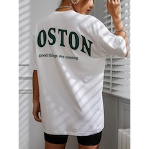 Kadın Beyaz Oversiz Boston Baskılı Örme T-shirt Beyaz