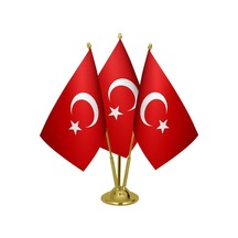 Masa Üstü Üçlü Türkiye Cumhuriyeti Bayrağı Üçlü Pirinç Direk Masa