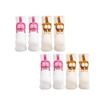 Genel Kadın 4'lü Kedi Desenli 3d Ponponlu Soket Çorap Seti Pembe Turuncu T Çok Renkli / 36-40 / 4 Adet Çok  Renkli