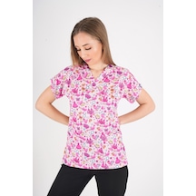 Unisex Pembe Prenses Desenli Likralı Scrubs Hemşire Doktor Hastane Üst Üniforması Pembe