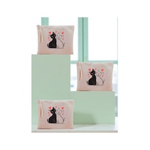 Kalpli Kedi Baskılı 3'lü Makyaj Çantası 20x25 Cm - Seyahat Makyaj Çantası