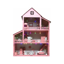 Ahşap Oyun Evi 100Cm 36 Eşya Pembe Led Işıklı