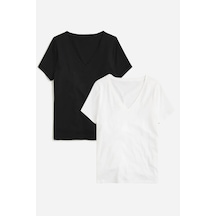 Kadın V Yaka Regular Tshirt Spr24tsk45-2 Siyah - Beyaz