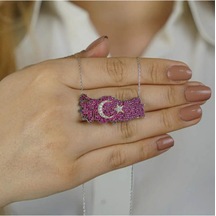 Modagümüşevi 925 Ayar Gümüş Şanlı Ay Yıldız Tasarımlı Türkiye Haritalı Kadın Kolye, Ayyıldız Kolye