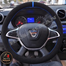 Dacia Duster Dikme Direksiyon Kılıfı Full Alcantara Süet Mavi Yüzük Ve Mavi Dikiş 2018-2021 Siyah