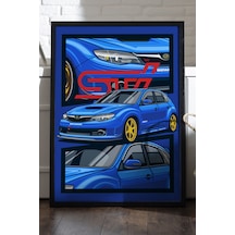 Subaru Impreza Wrx Stı Siyah Ahşap Çerçeveli Poster, Dekoratif Araba Duvar Tablosu