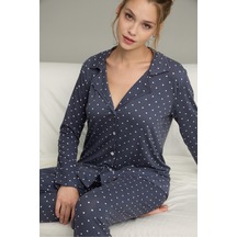 Siyah İnci Gömlek Yaka Düğmeli Milan Örme Pijama Takım25224033 İndigo