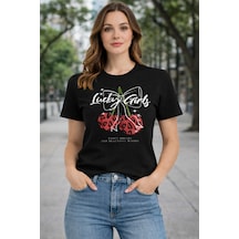 Herkesemoda Luck Girls Baskı Detaylı Basic T-shırt Siyah