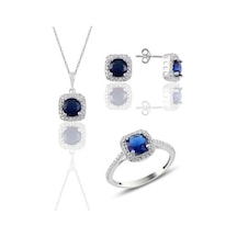 Gümüş Rodyumlu Safir Taşlı Kare Üçlü Set