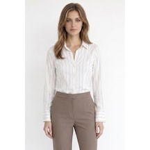 Tudors Kadın Slim Fit Dar Kesim Çizgili Viskon Yumuşak Dokulu Uzun Kollu Pensli Ekru Gömlek-52155