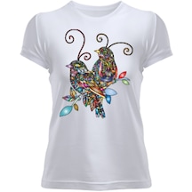 Canlı Renkli Kuş Motifli Kadın Tişört