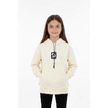 Kapüşonlu Art Baskılı Kanguru Cepli Kız Çocuk Sweatshirt-90849 Krem