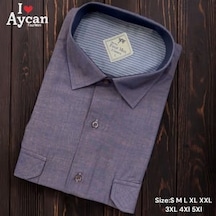 Eren Style Linen Keten Klasik Uzun Kollu İki Cepli Kapaklı Mavi Baba Gömleği Regular Kalıp Mor