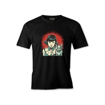 Gizemli Cadılar Bayramı - Mistik Kız Ve Maskot Kedi Siyah Erkek Tshirt 001