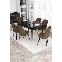 Canisa Concept Kor Serisi, 70x114 Açılabilir Yemek Masası Takımı, Siyah Mermer Desen Masa Ve 6 Kahve Sandalye Masa Siyah Mermer Desenli Sandalyeler Kahve