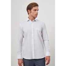 İmza Beyaz Uzun Kol Kareli Desen Oxford Yarım İtalyan Sert Yaka Cepli %100 Pamuk Classic Comfort Fit Gömlek 1004245196 Beyaz
