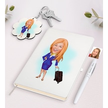 Kişiye Özel Hostes Karikatürlü Beyaz Defter Kalem Ve Anahtarlık H N11.6713