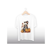 Halloween Konseptli Kurukafa Detaylı Unisex Tişört Beyaz