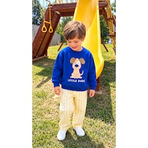 Elzo Collection Erkek Çocuk Köpek Baskılı Sweatshirt Çizgili Gabardin Denim Kot Pantolon Alt Üst Takım Ekru - Lacivert
