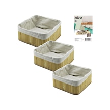 3'lü Kare Organizer Sepet Seti - Bambu Kenarlı Ahşap Taban Bez Astarlı 17x17 / 21x21 / 26x26 Cm Belirtilmemiş