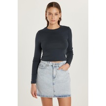 Tudors Kadın Slim Fit Dar Kesim Bisiklet Yaka Antrasit Bluz-33371 Antrasit