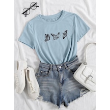 Uçan Kelebekler Süprem T-shirt - Bebe Mavisi Baskılı Oversize Bisiklet Yaka Kısa Kol Tişört Bebe Mavi
