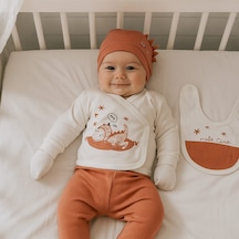 Milays Dinazorlu Süzene Nakışlı %100 Pamuklu Yenidoğan Kıyafetleri 5'li Hastane Çıkışı Zıbın Turuncu
