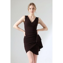 Defymoda Kadın Volanlı Mini Modern Tasarım Elbise Kahverengi