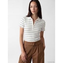 Lcw Everyday Lacivert Polo Yaka Çizgili Kadın Tişört