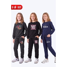Fyk Kids Kız Çocuk 3'lü Baskılı Bisiklet Yaka Çift Cepli Eşofman Takımı Füme-siyah-lacivert