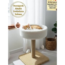 Yuvarlak Kedi Yatağı Yumuşacık Peluş Kedi Tırmalama Tahtası Ve Kedi Evi- 4'lü Ponpon Oyunlu 55 Cm